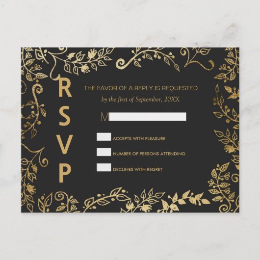 Elegant zwart en geel goud Bloemen RSVP Briefkaart (Voorkant)