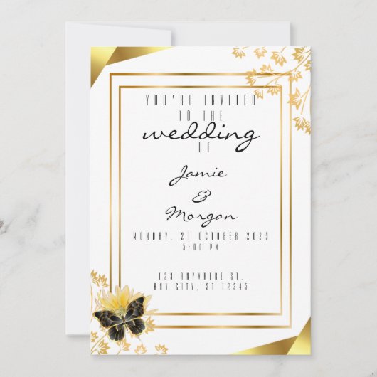 Elegant zwart en glanzend vlinder wit bruiloft kaart (Voorkant)