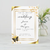 Elegant zwart en glanzend vlinder wit bruiloft kaart (Staand voorkant)