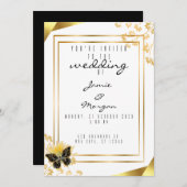 Elegant zwart en glanzend vlinder wit bruiloft kaart (Voorkant / Achterkant)