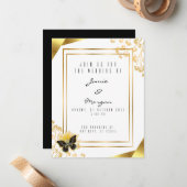 Elegant zwart en glanzend vlinder wit bruiloft notitiekaartje (Voorkant / Achterkant in situ)