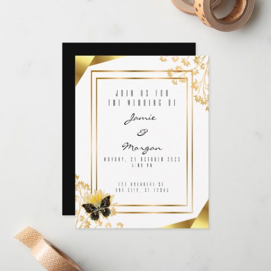 Elegant zwart en glanzend vlinder wit bruiloft notitiekaartje (Voorkant / Achterkant in situ)