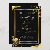 Elegant zwart en glanzend vlinder zwart bruiloft kaart (Voorkant / Achterkant)