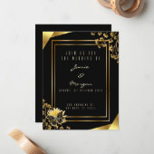 Elegant zwart en glanzend vlinder zwart bruiloft notitiekaartje (Voorkant / Achterkant in situ)