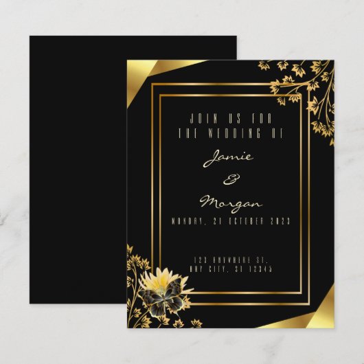 Elegant zwart en glanzend vlinder zwart bruiloft notitiekaartje (Voorkant / Achterkant)