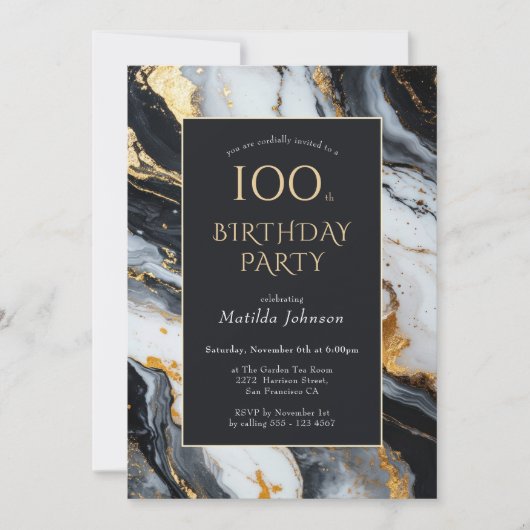 Elegant zwart en goud 100ste verjaardag uitnodigin kaart (Voorkant)