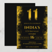 Elegant zwart en goud 11e verjaardagsfeestje kaart (Voorkant / Achterkant)