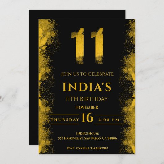 Elegant zwart en goud 11e verjaardagsfeestje kaart (Voorkant / Achterkant)