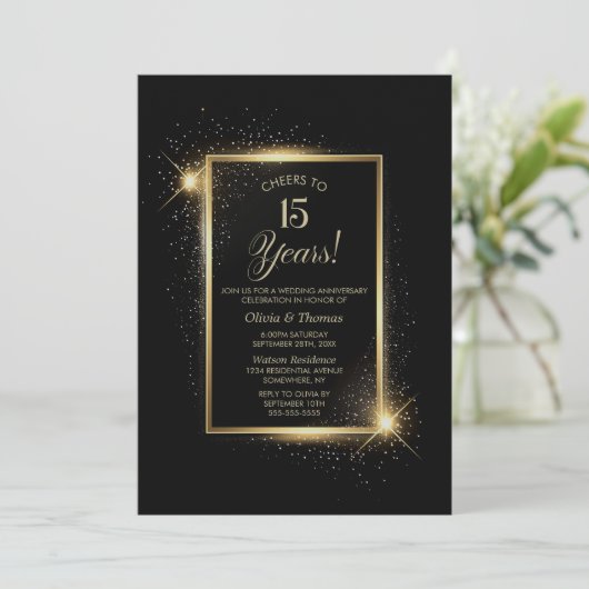 Elegant zwart en goud 15e bruiloft Jubileum Kaart (Staand voorkant)