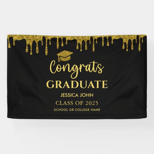 Elegant Zwart en Goud 2025 Gefeliciteerd Afstudere Spandoek (Horizontaal)