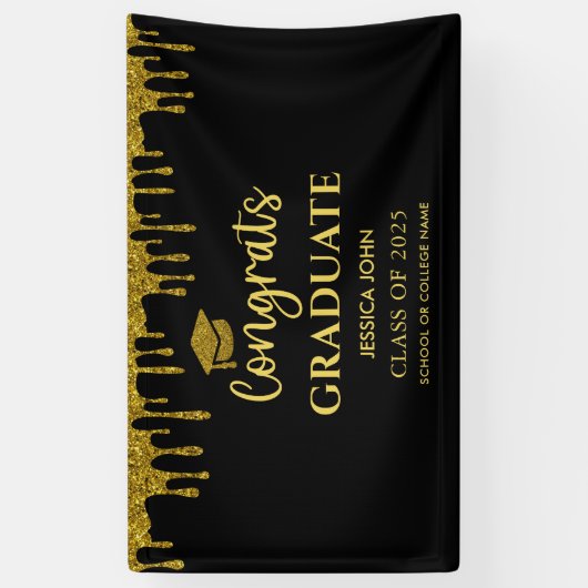 Elegant Zwart en Goud 2025 Gefeliciteerd Afstudere Spandoek (Verticaal)