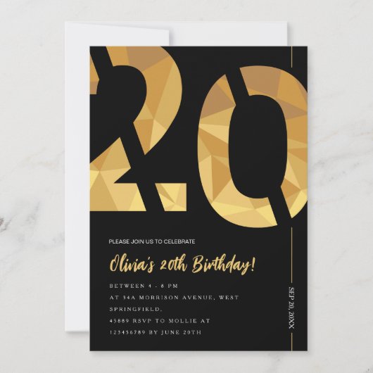 Elegant zwart en goud 20ste verjaardagsfeest kaart (Voorkant)