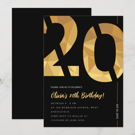 Elegant zwart en goud 20ste verjaardagsfeest kaart (Voorkant / Achterkant)