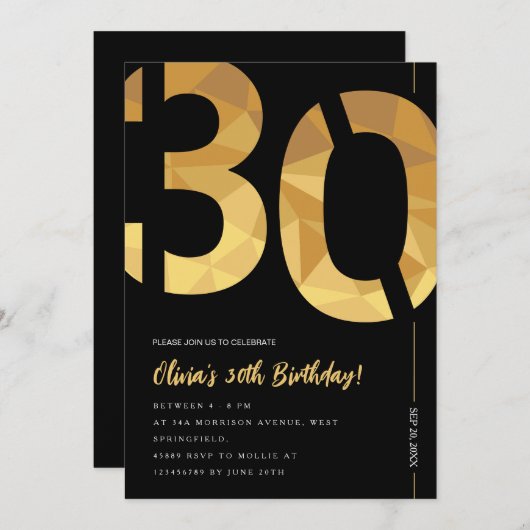 Elegant zwart en goud 30ste verjaardagsfeest kaart (Voorkant / Achterkant)