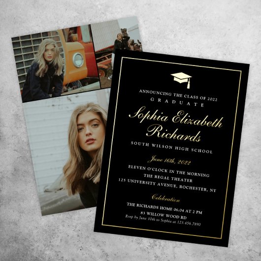 Elegant zwart en goud 3 foto afstudeer  folie uitnodiging