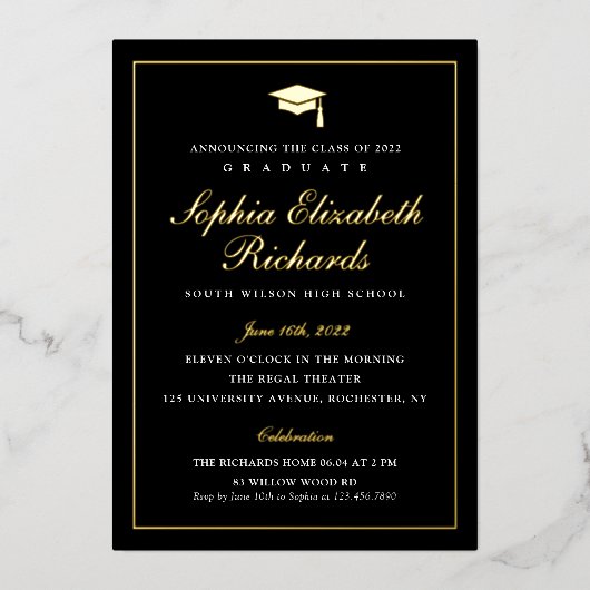 Elegant zwart en goud 3 foto afstudeer folie uitnodiging (Voorkant)