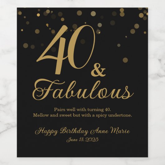 Elegant Zwart en Goud 40 en Fabulous Verjaardag Wijn Etiket (Enkel label)