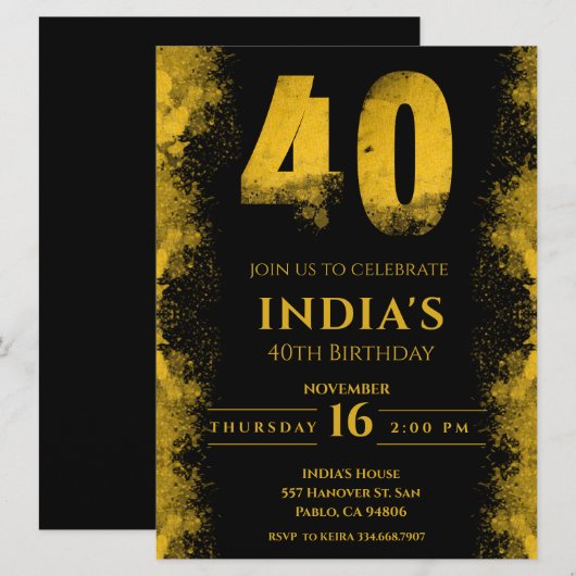 Elegant zwart en goud 40e verjaardagsfeestje kaart (Voorkant / Achterkant)