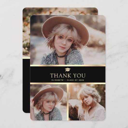 Elegant zwart en goud 4 foto Afstuderen Bedankkaart (Voorkant / Achterkant)