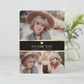 Elegant zwart en goud 4 foto Afstuderen Bedankkaart (Staand voorkant)