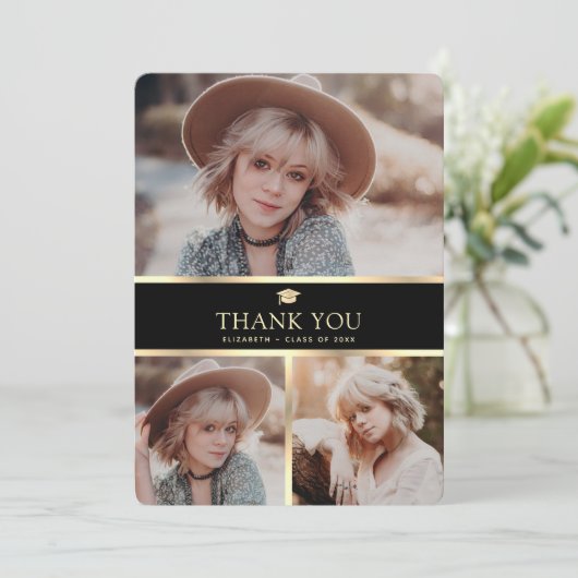 Elegant zwart en goud 4 foto Afstuderen Bedankkaart (Staand voorkant)