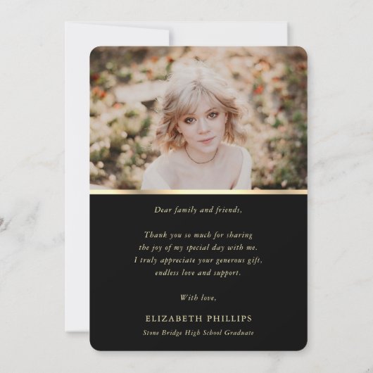 Elegant zwart en goud 4 foto Afstuderen Bedankkaart (Achterkant)