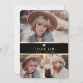 Elegant zwart en goud 4 foto Afstuderen Bedankkaart (Voorkant)