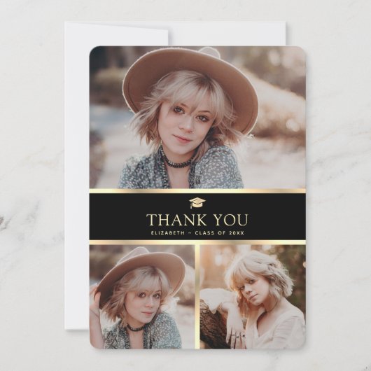 Elegant zwart en goud 4 foto Afstuderen Bedankkaart (Voorkant)