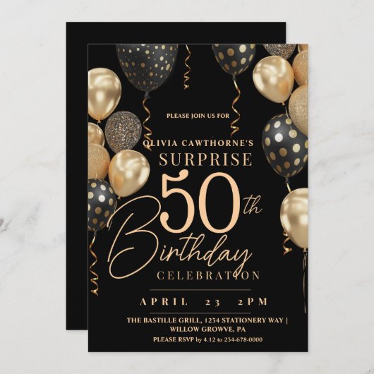 Elegant zwart en goud 50e foto verjaardag kaart (Voorkant / Achterkant)