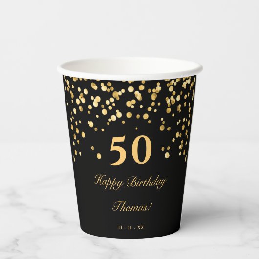 Elegant Zwart en Goud 50e Verjaardagsfeest Papieren Bekers (Achterkant)