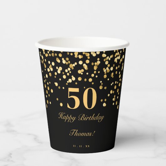 Elegant Zwart en Goud 50e Verjaardagsfeest Papieren Bekers (Voorkant)