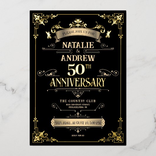 Elegant zwart en goud 50ste huwelijk Jubileum Folie Uitnodiging (Voorkant)