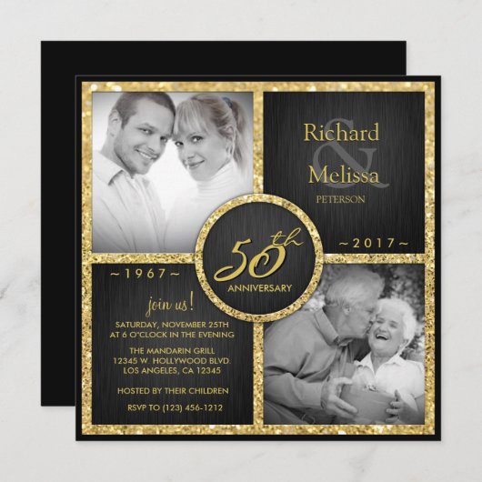 Elegant zwart en goud 50ste huwelijksjubileum kaart (Voorkant / Achterkant)