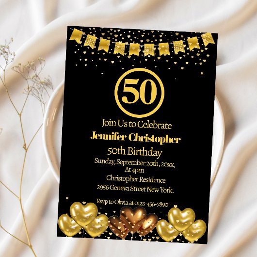Elegant zwart en goud 50ste verjaardagsfeest kaart