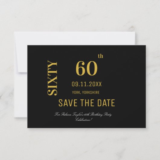 Elegant Zwart en Goud 60e Verjaardag Save The Date (Voorkant)