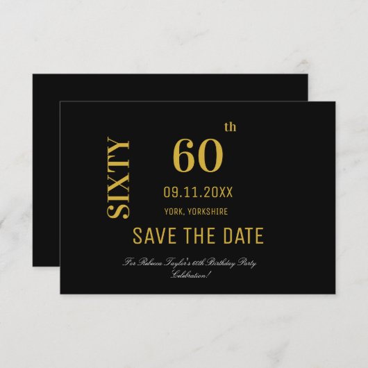 Elegant Zwart en Goud 60e Verjaardag Save The Date (Voorkant / Achterkant)