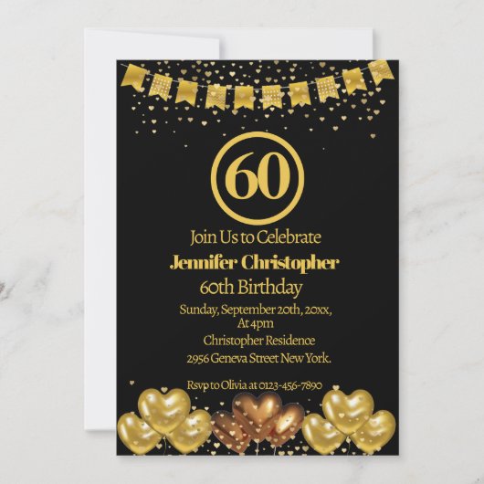 Elegant zwart en goud 60ste verjaardagsfeest kaart (Voorkant)