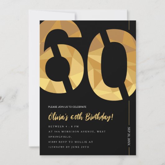 Elegant zwart en goud 60ste verjaardagsfeest kaart (Voorkant)
