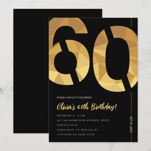 Elegant zwart en goud 60ste verjaardagsfeest kaart (Voorkant / Achterkant)