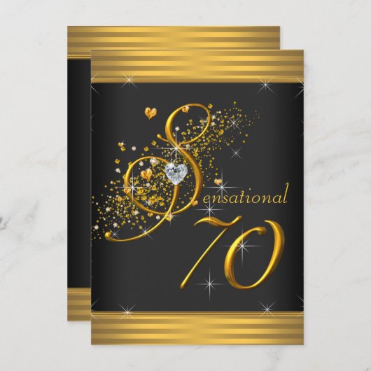 Elegant zwart en goud 70ste verjaardagsfeest kaart (Voorkant / Achterkant)