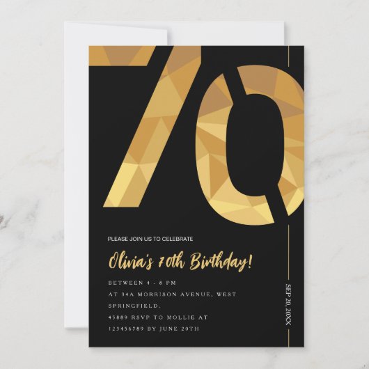 Elegant zwart en goud 70ste verjaardagsfeest kaart (Voorkant)