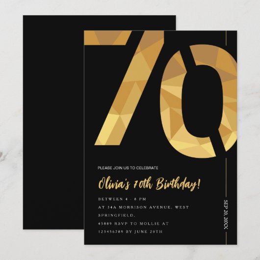 Elegant zwart en goud 70ste verjaardagsfeest kaart (Voorkant / Achterkant)