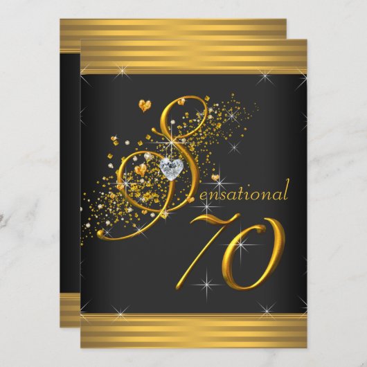 Elegant zwart en goud 70ste verjaardagsfeest kaart (Voorkant / Achterkant)