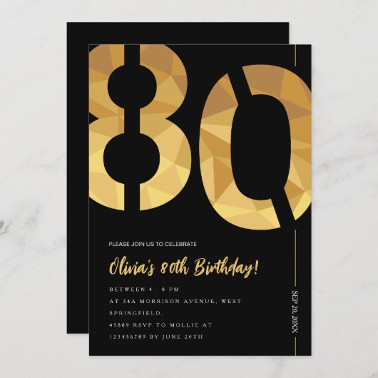 Elegant zwart en goud 80ste verjaardagsfeest kaart (Voorkant / Achterkant)