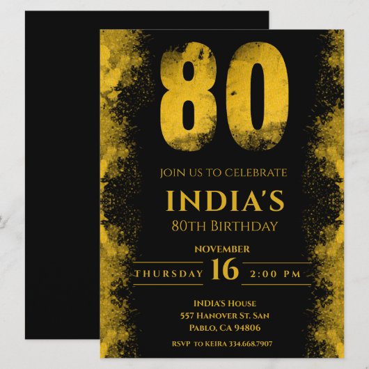 Elegant zwart en goud 80ste verjaardagsfeestje kaart (Voorkant / Achterkant)