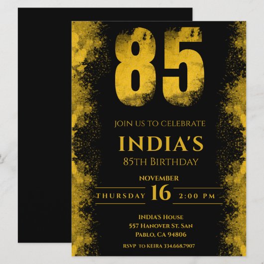 Elegant Zwart en Goud 85e Verjaardagsfeestje Kaart (Voorkant / Achterkant)