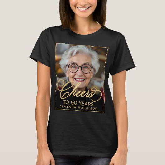 Elegant zwart en goud 90e verjaardag Party Foto T-shirt (Voorkant)