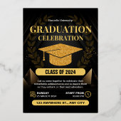 Elegant Zwart en Goud Afstuderen Celebration Folie Uitnodiging (Voorkant)