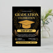 Elegant Zwart en Goud Afstuderen Celebration Folie Uitnodiging (Staand Voorkant)