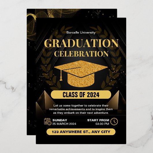 Elegant Zwart en Goud Afstuderen Celebration Folie Uitnodiging (Voorkant / Achterkant)